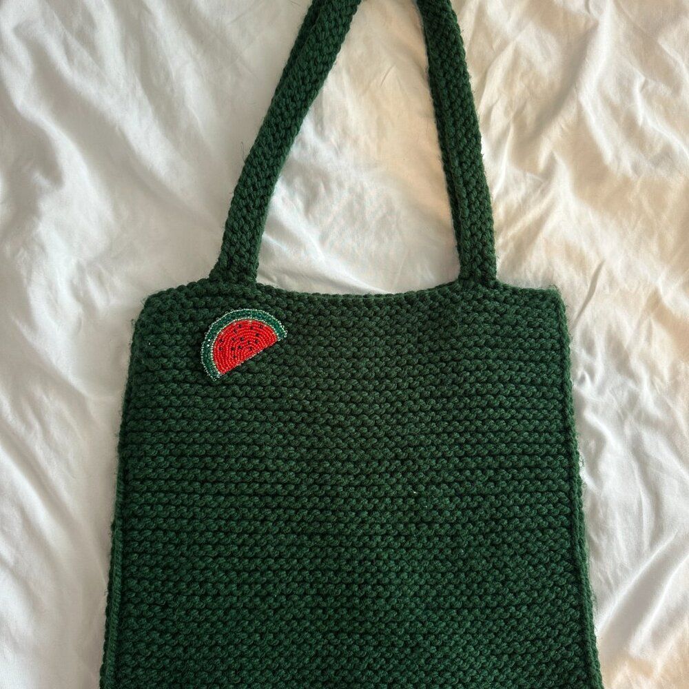 Handmade Knit Green Tote Bag Beaded Watermelon Crochet Shoulder Bag Cottagecore - Picture 3 of 7